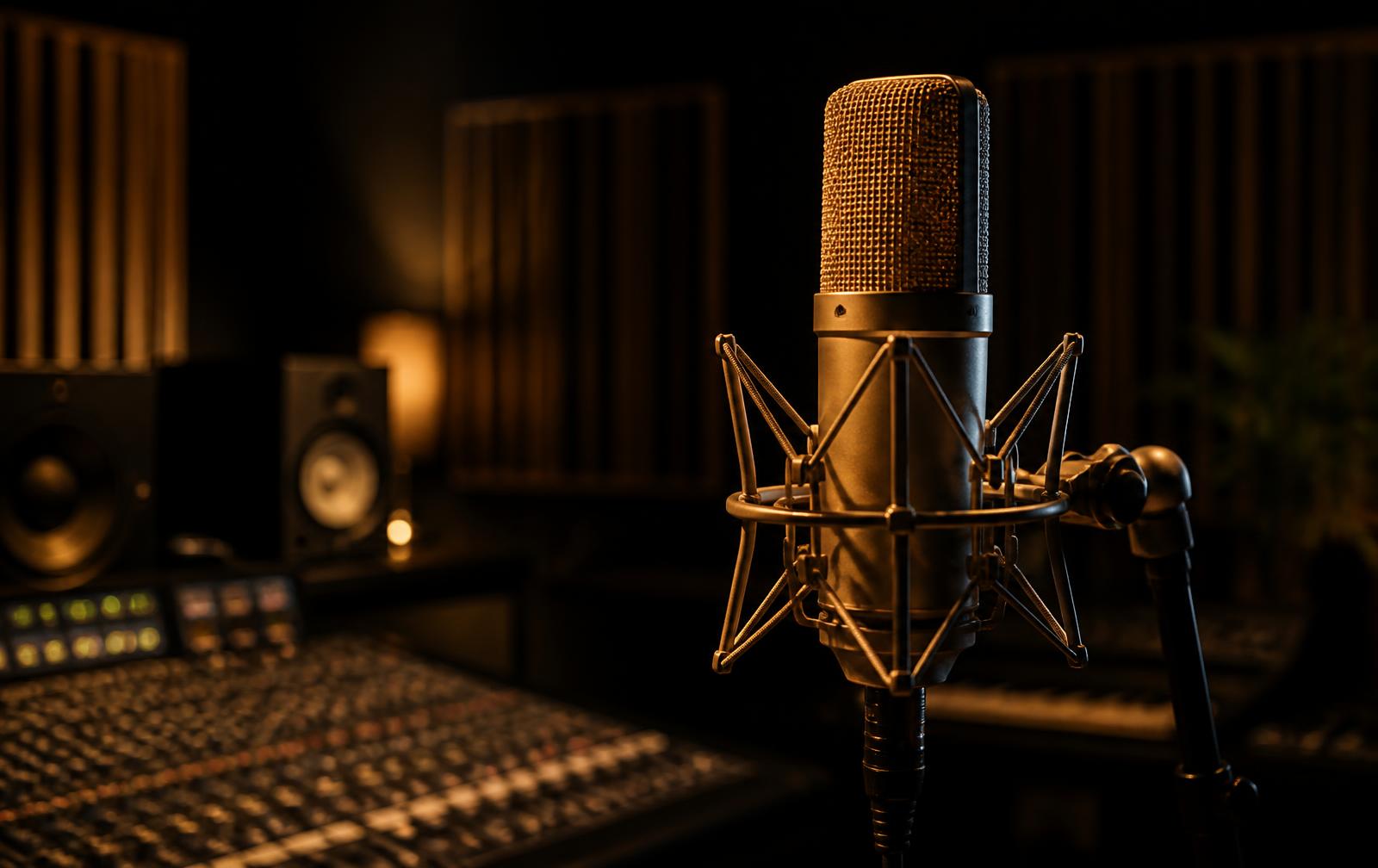 Kalanidhi recording studio with a vintage microphone under warm light