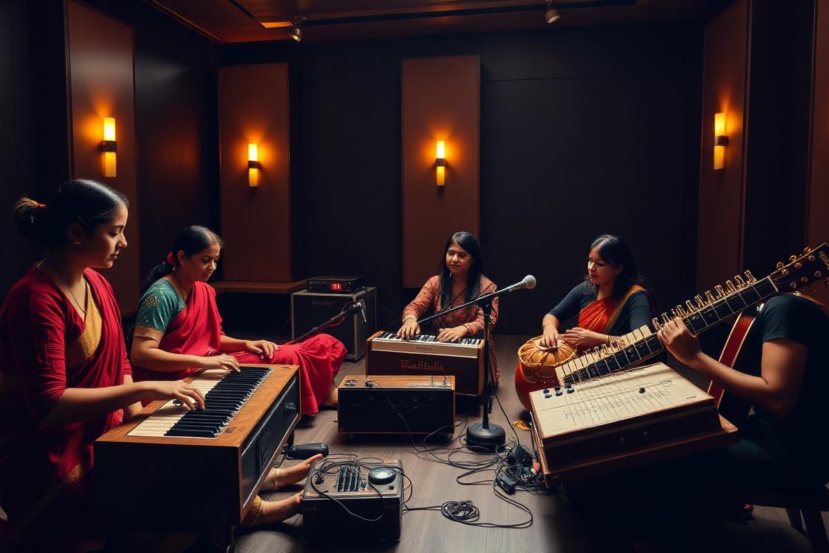 Students learning at a Kalanidhi Music workshop with harmonium and tanpura
